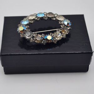 Vintage Aurora Borealis Green, Tan Rhinestones Oval Brooch Pin